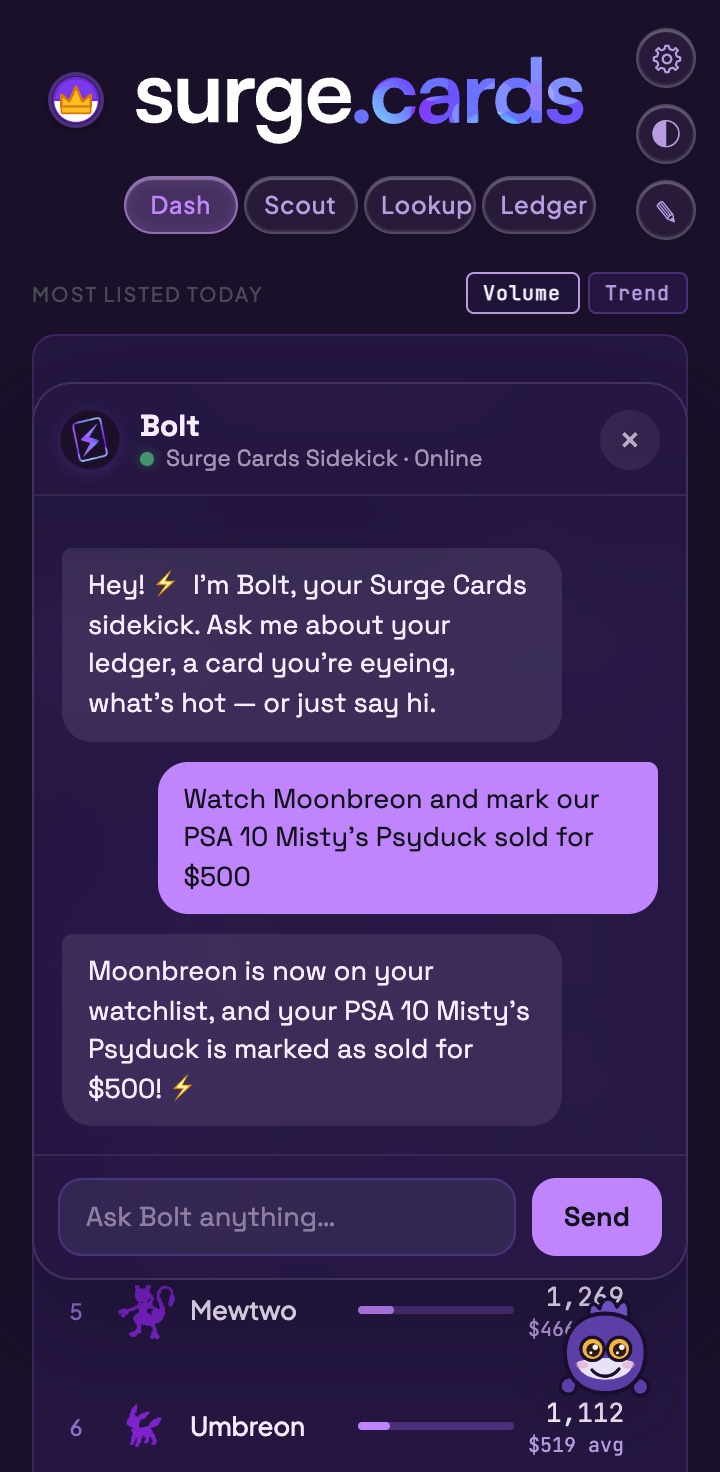 Bolt watching a card and marking a flip sold, just by asking